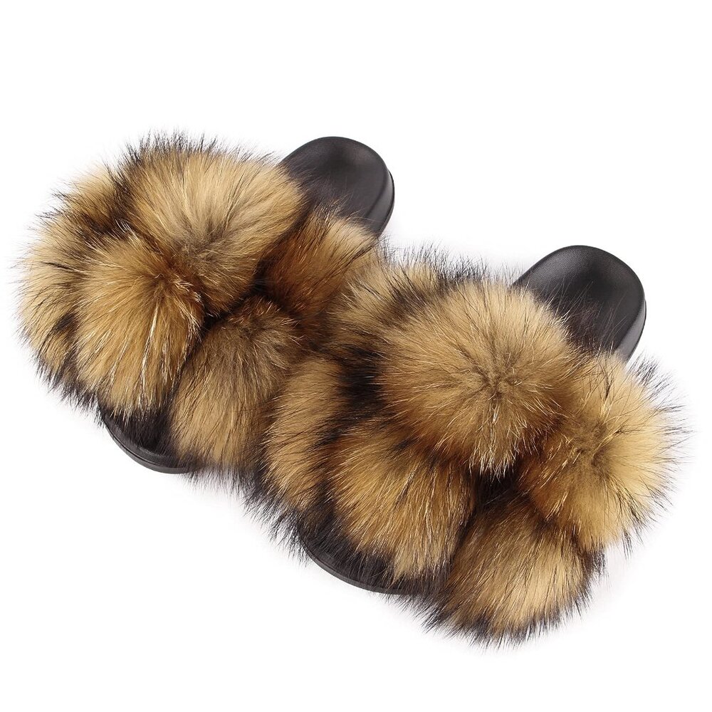 Real Fox Fur Slides Open-Toe Sandals Soft Pompom Non-Slip Slippers